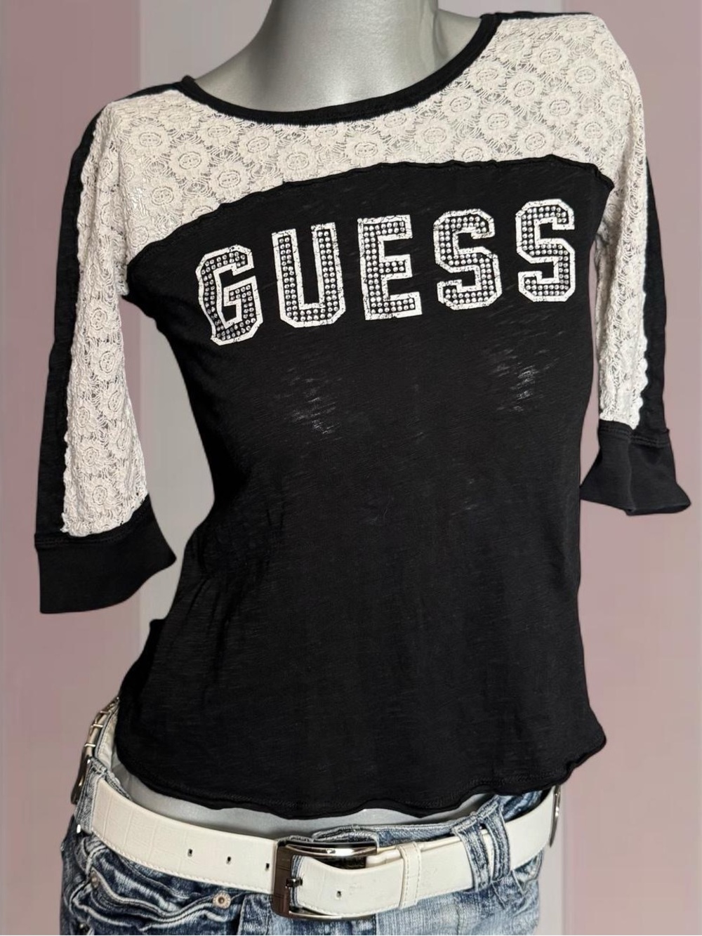 Guess Y2K Bedazzled Logo Lace Sleeve Top